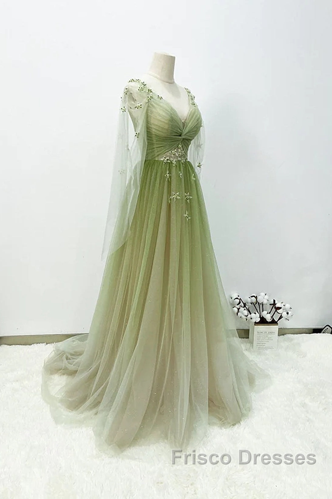 A-Line Green Gradient Tulle Long Sleeves Party Dress, V-Neckline Green Formal Dress Formal Prom Dress Secondary image