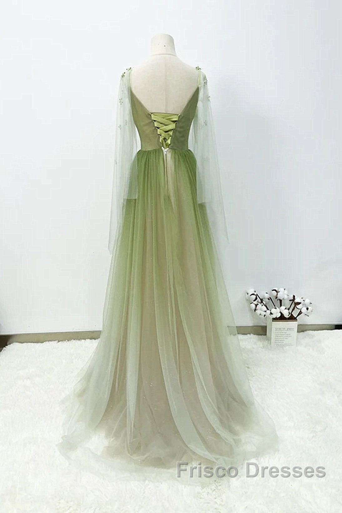 A-Line Green Gradient Tulle Long Sleeves Party Dress, V-Neckline Green Formal Dress Formal Prom Dress
