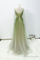 A-Line Green Gradient Tulle Long Sleeves Party Dress, V-Neckline Green Formal Dress Prom Dress