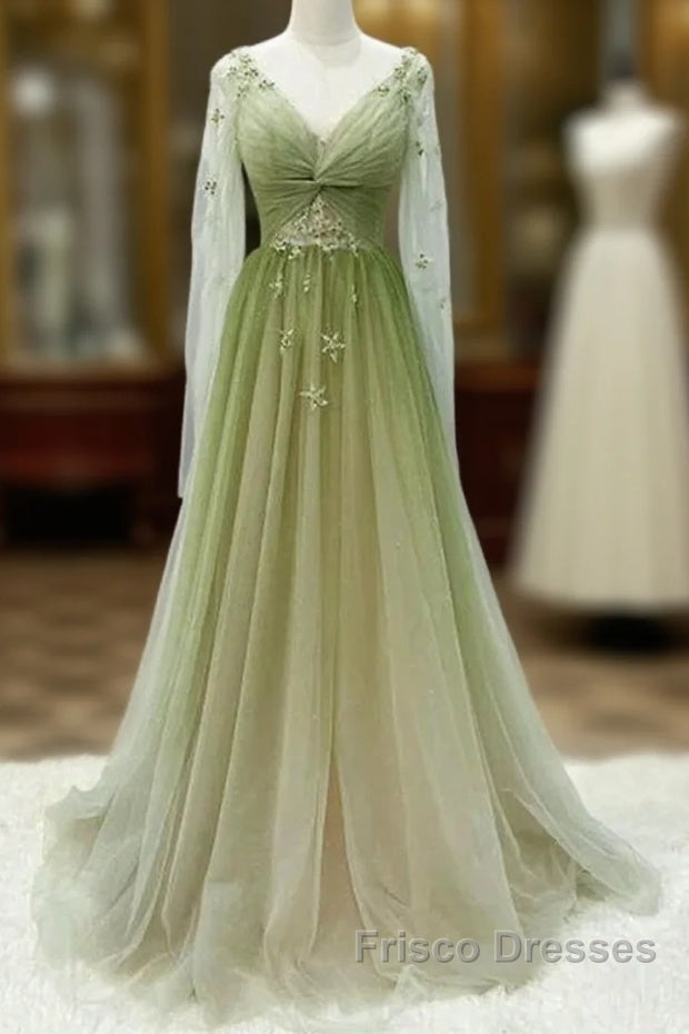 A-Line Green Gradient Tulle Long Sleeves Party Dress, V-Neckline Green Formal Dress Formal Prom Dress Main image