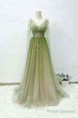 A-Line Green Gradient Tulle Long Sleeves Party Dress, V-Neckline Green Formal Dress Prom Dress