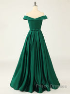 A-Line Green Off Shoulder Long Formal Prom Dress, Green Formal Evening Dress