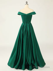 A-Line Green Off Shoulder Long Prom Dresses, Green Formal Evening Dresses