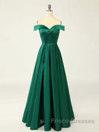 A-Line Green Off Shoulder Long Formal Prom Dress, Green Formal Evening Dress
