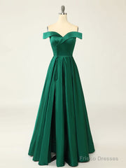 A-Line Green Off Shoulder Long Prom Dresses, Green Formal Evening Dresses