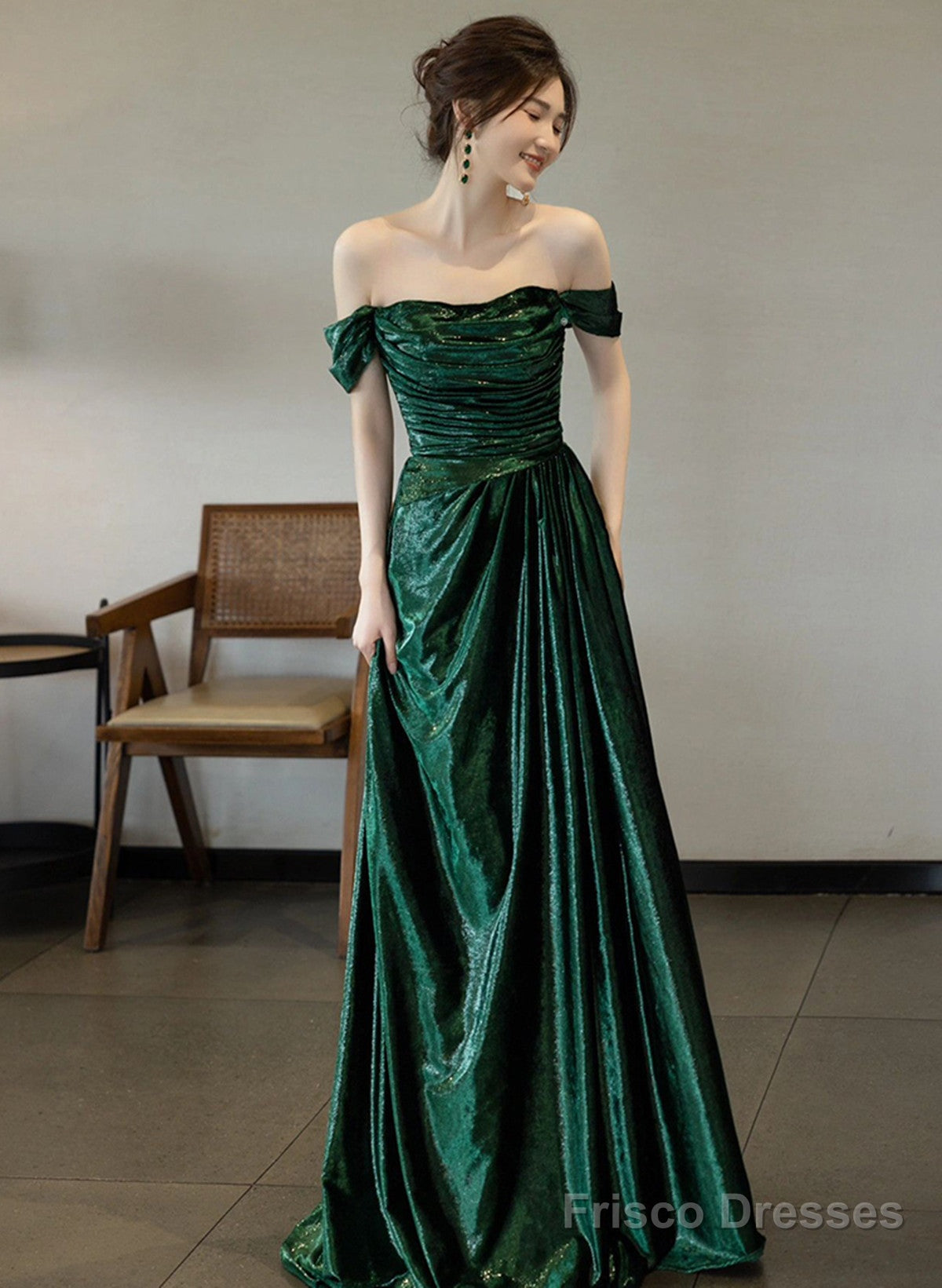 A-Line Green Off Shoulder Simple Evening Dress, Green Long Prom Dress