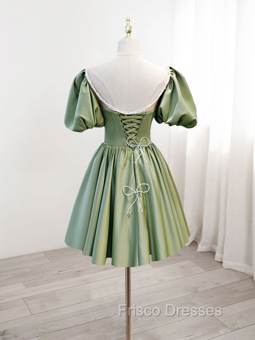A-Line Green Puffy Sleeve Satin Short Formal Prom Dress, Green Short Formal Dress