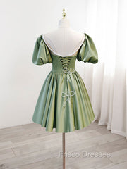 A-Line Green Puffy Sleeve Satin Short Formal Prom Dress, Green Short Formal Dress