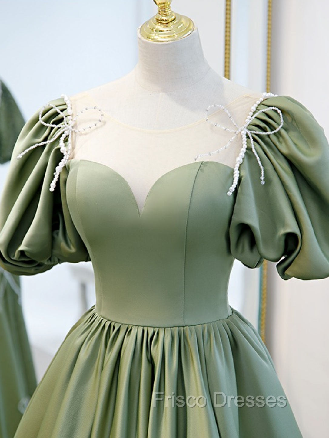 A-Line Green Puffy Sleeve Satin Short Formal Prom Dress, Green Short Formal Dress