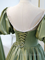 A-Line Green Puffy Sleeve Satin Short Formal Prom Dress, Green Short Formal Dress