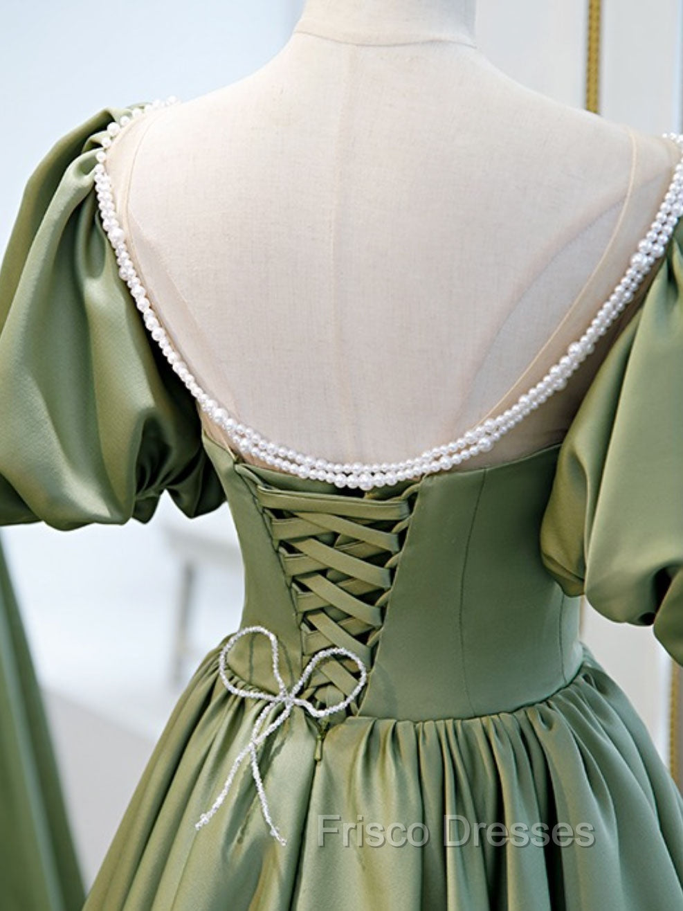 A-Line Green Puffy Sleeve Satin Short Formal Prom Dress, Green Short Formal Dress