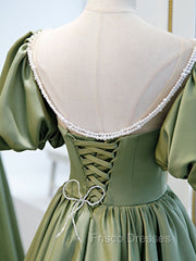 A-Line Green Puffy Sleeve Satin Short Formal Prom Dress, Green Short Formal Dress