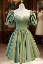 A-Line Green Puffy Sleeve Satin Short Formal Prom Dress, Green Short Formal Dress