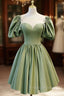 A-Line Green Puffy Sleeve Satin Short Formal Prom Dress, Green Short Formal Dress