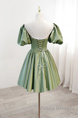 A Line Green Puffy Sleeve Satin Short Formal Prom Dress Homecoming Dress