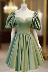A Line Green Puffy Sleeve Satin Short Formal Prom Dress Homecoming Dress