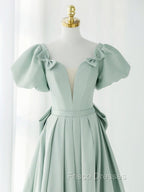 A-Line Green Puffy Sleeve Short Formal Prom Dress, Green Formal Dress