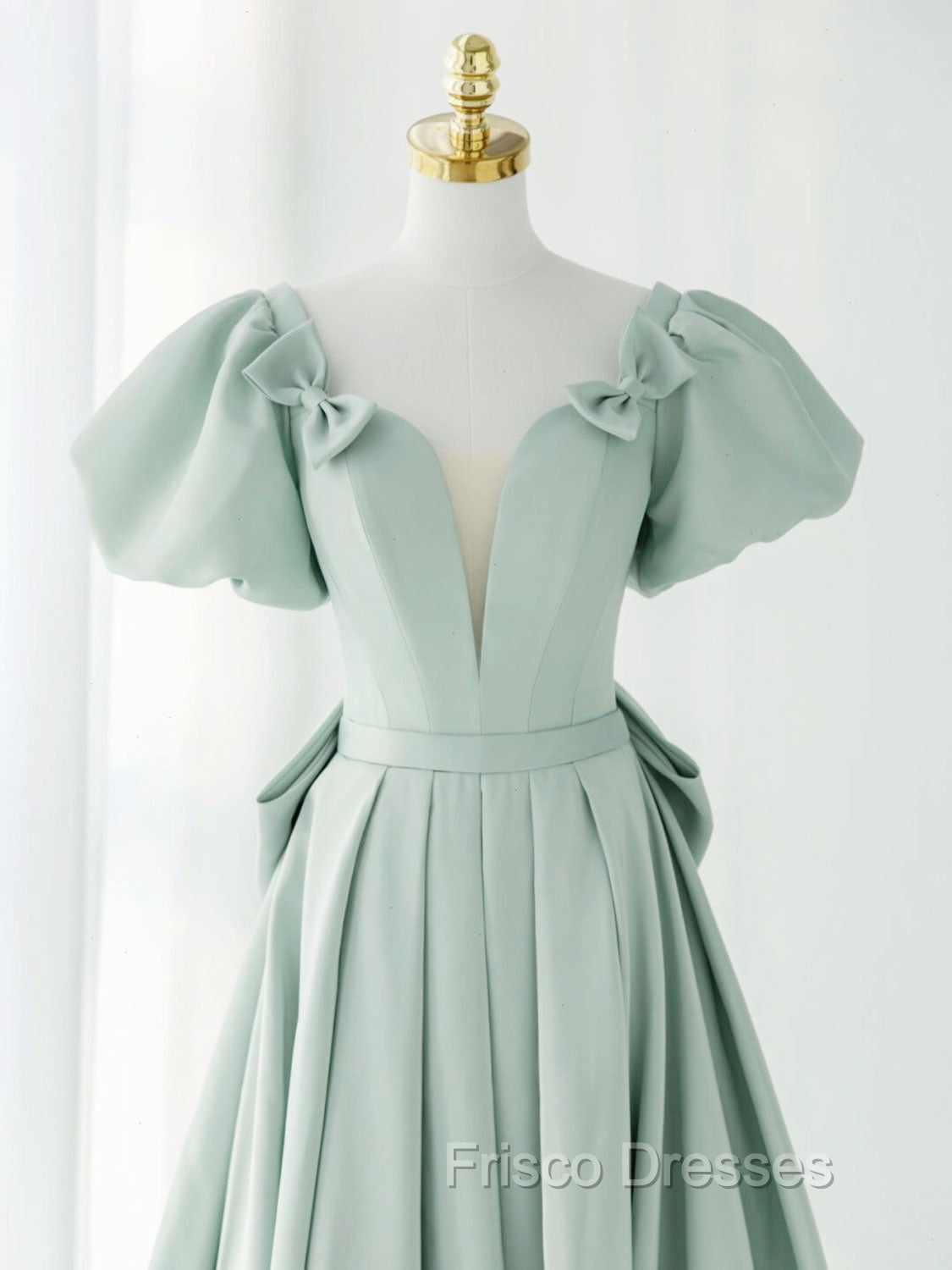 A-Line Green Puffy Sleeve Short Formal Prom Dress, Green Formal Dress