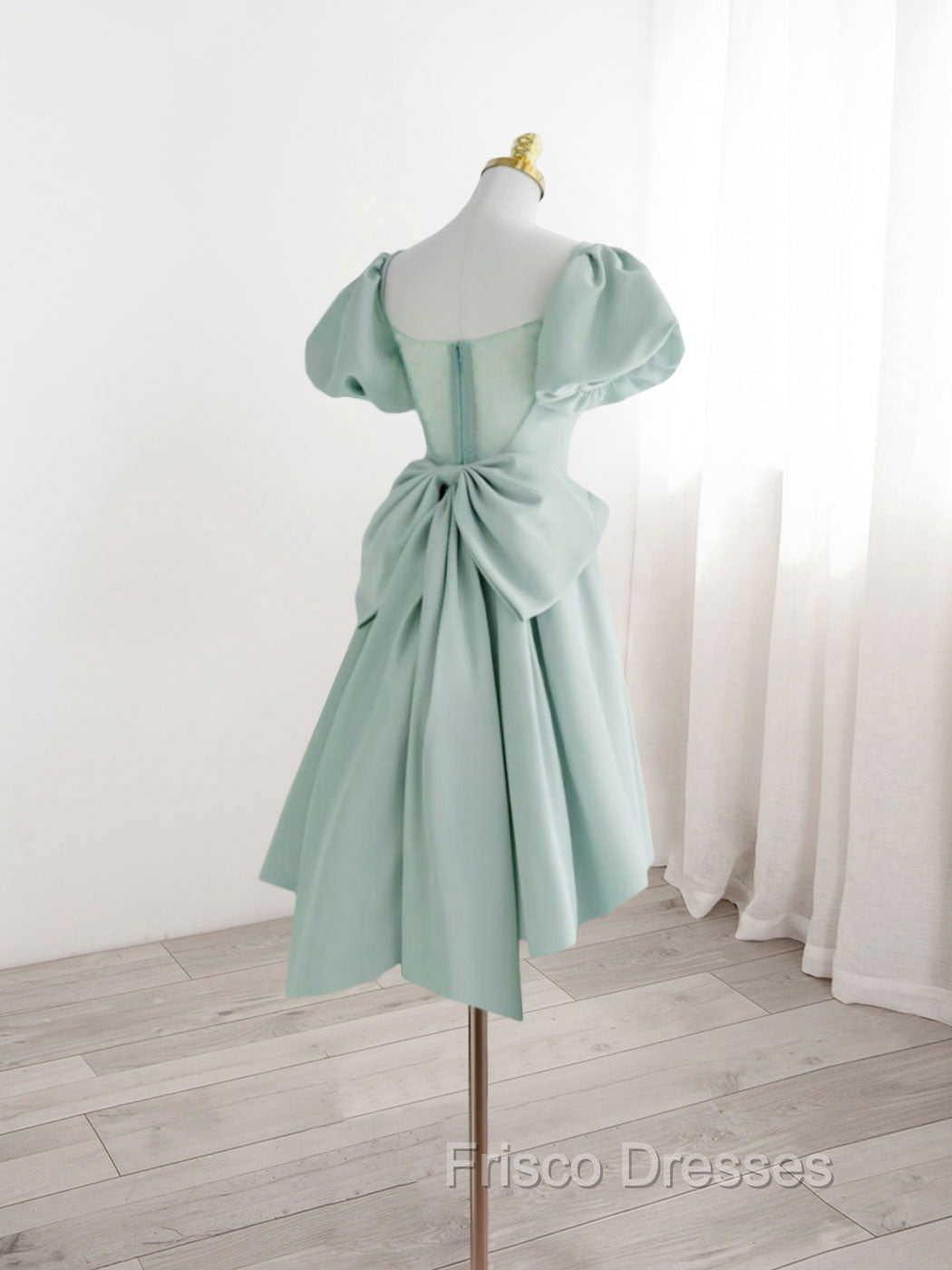 A-Line Green Puffy Sleeve Short Formal Prom Dress, Green Formal Dress Secondary image