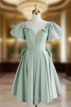 A-Line Green Puffy Sleeve Short Formal Prom Dress, Green Formal Dress