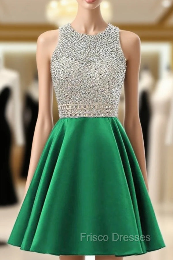 A-Line Green Satin Backless Beading Sequins Homecoming Dress Main image