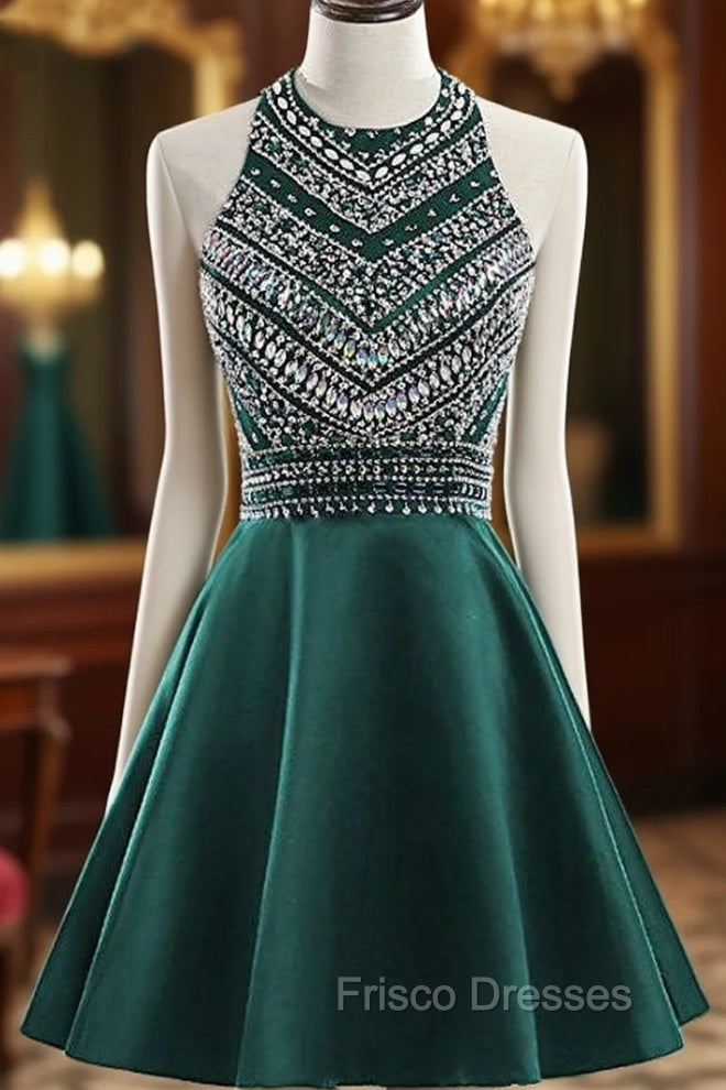 A-Line Green Satin Crystal Short Homecoming Dress Main image