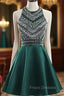 A-Line Green Satin Crystal Short Homecoming Dress