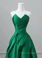 A-line Green Satin Lace-up Floor Length Party Dress, Green Satin Formal Prom Dress