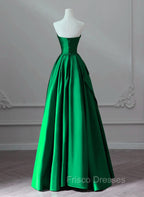 A-line Green Satin Lace-up Floor Length Party Dress, Green Satin Formal Prom Dress