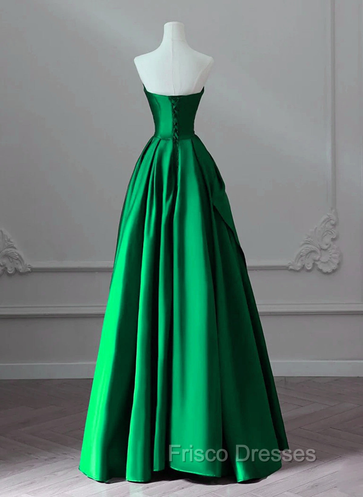 A-line Green Satin Lace-up Floor Length Party Dress, Green Satin Formal Prom Dress