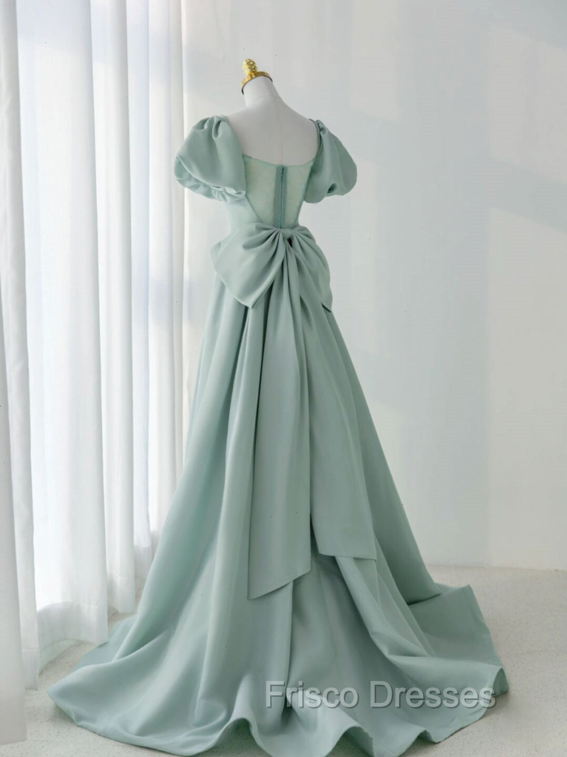 A-Line Green Satin Long Formal Prom Dress, Green Long Evening Dress