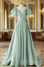 A-Line Green Satin Long Formal Prom Dress, Green Long Evening Dress