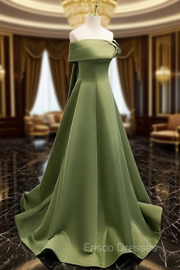 A-line Green Satin Off Shoulder Long Evening Dress, Green Floor Length Formal Prom Dress Main image