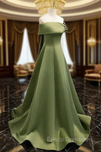 A-line Green Satin Off Shoulder Long Evening Dress, Green Floor Length Formal Prom Dress