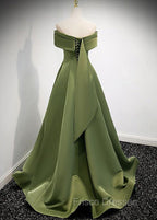 A-line Green Satin Off Shoulder Long Evening Dress, Green Floor Length Formal Prom Dress