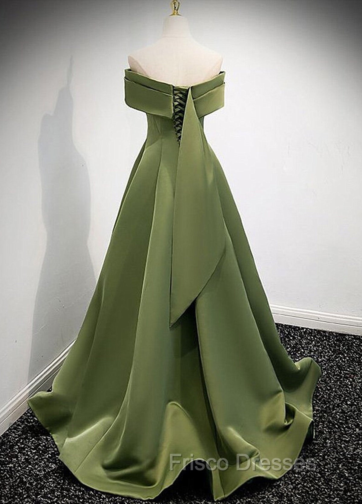 A-line Green Satin Off Shoulder Long Evening Dress, Green Floor Length Formal Prom Dress