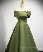 A-line Green Satin Off Shoulder Long Evening Dress, Green Floor Length Formal Prom Dress