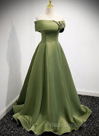 A-line Green Satin Off Shoulder Long Evening Dress, Green Floor Length Formal Prom Dress