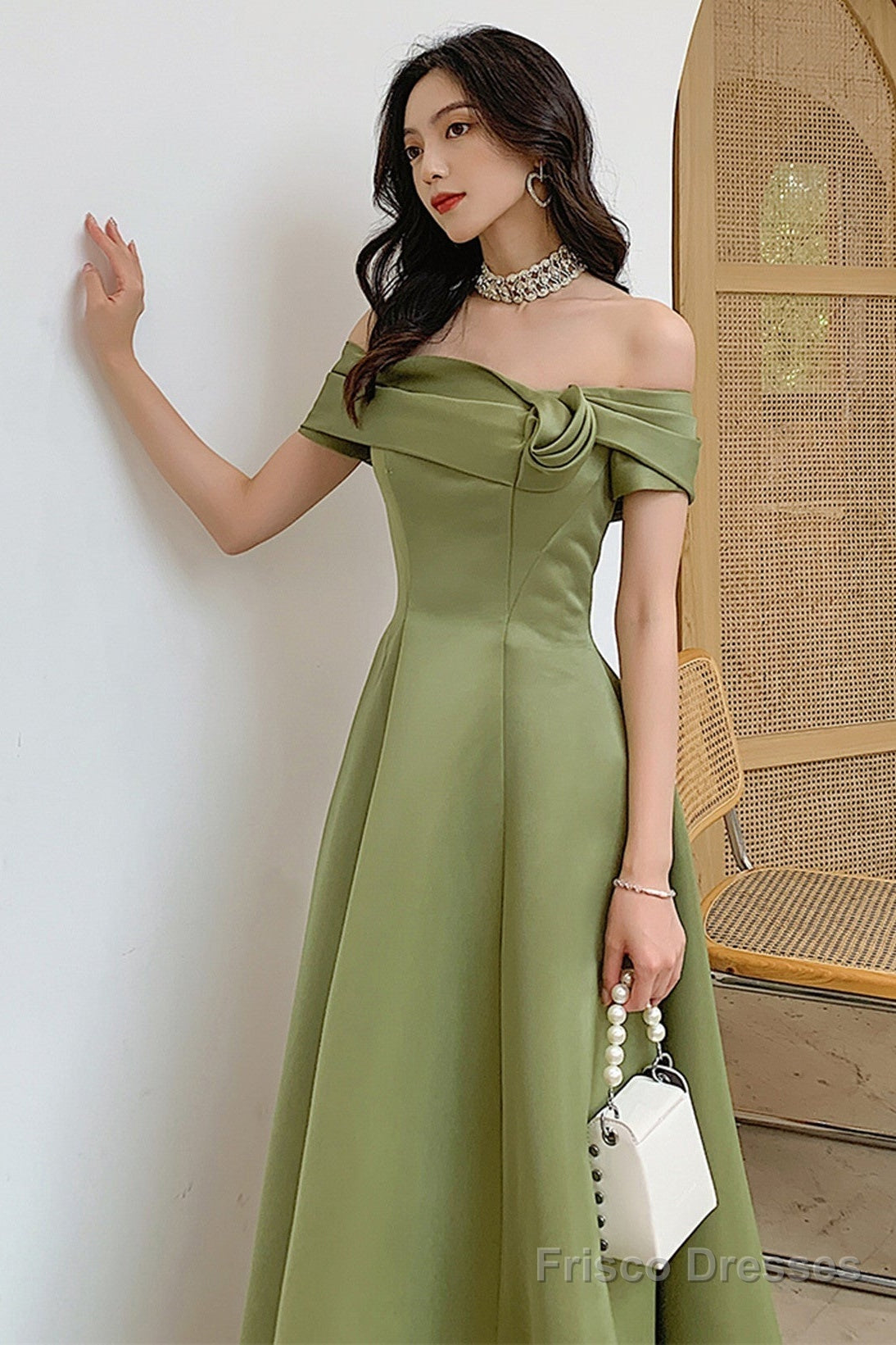 A-Line Green Satin Off Shoulder Long Party Dress, Green Floor Length Evening Dress Prom Dress