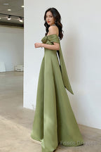 A-Line Green Satin Off Shoulder Long Party Dress, Green Floor Length Evening Dress Prom Dress