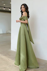 A-Line Green Satin Off Shoulder Long Party Dress, Green Floor Length Evening Dress Prom Dress