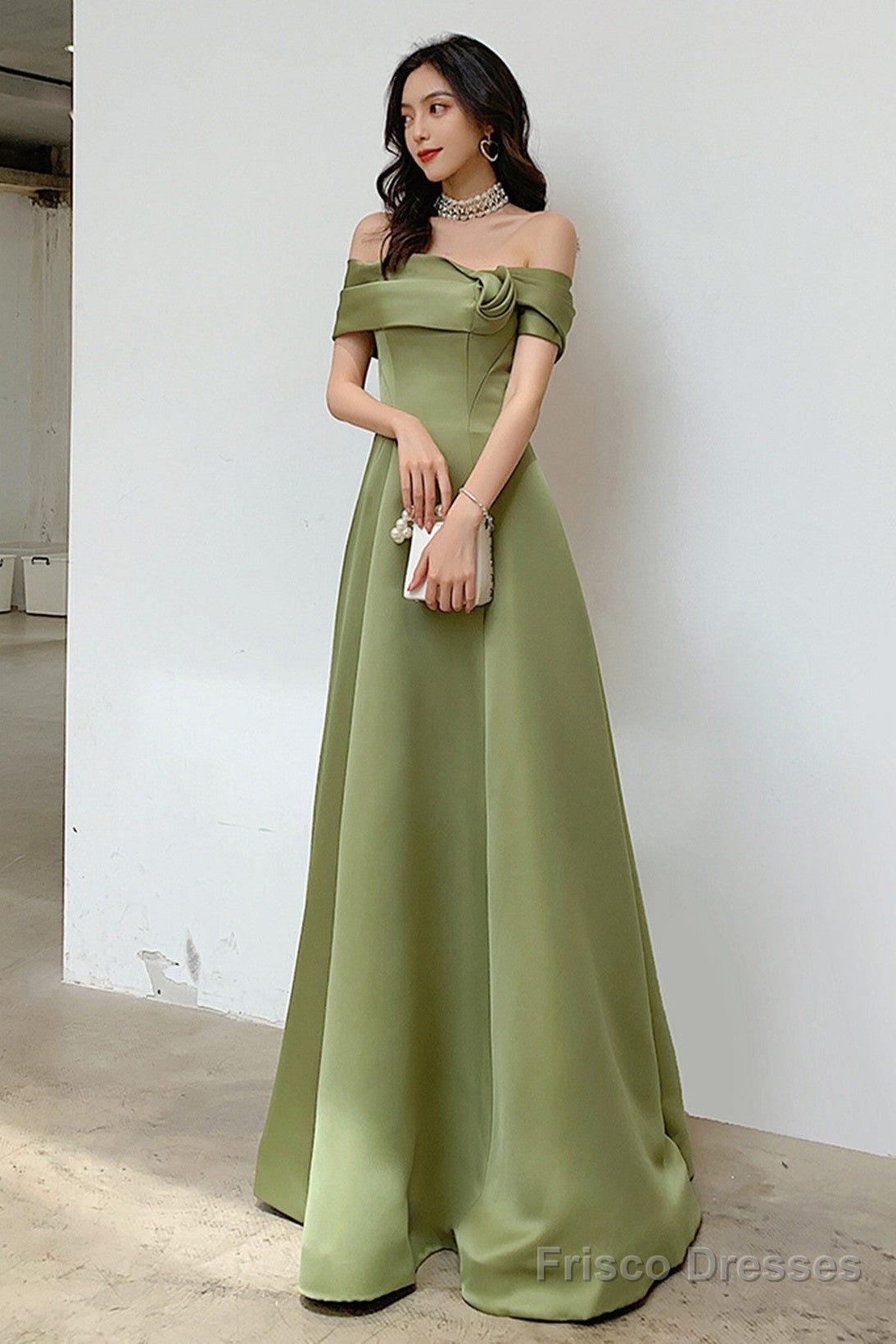 A-Line Green Satin Off Shoulder Long Party Dress, Green Floor Length Evening Dress Prom Dress Main image