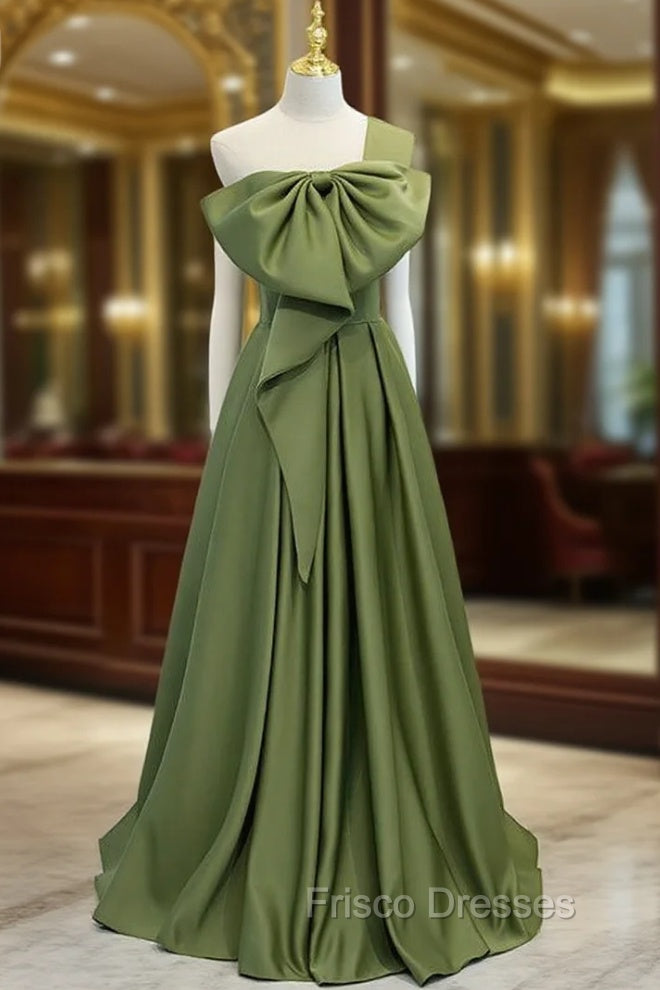 A-Line Green Satin One Shoulder Formal Prom Dress With Bow Main image
