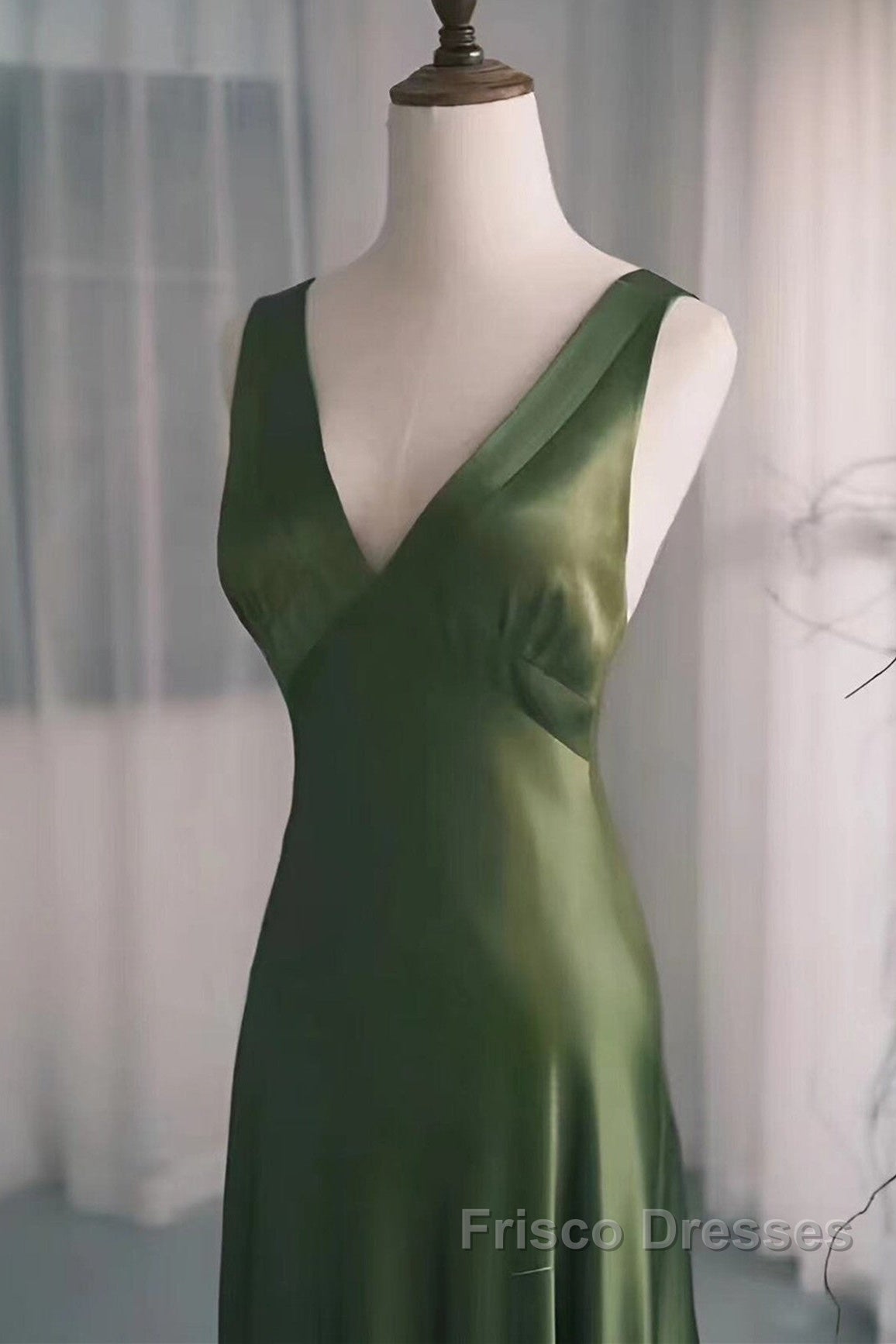 A-Line Green Satin V-Neckline Low Back Formal Prom Dress, Green Evening Dress Secondary image