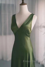 A-Line Green Satin V-Neckline Low Back Formal Prom Dress, Green Evening Dress