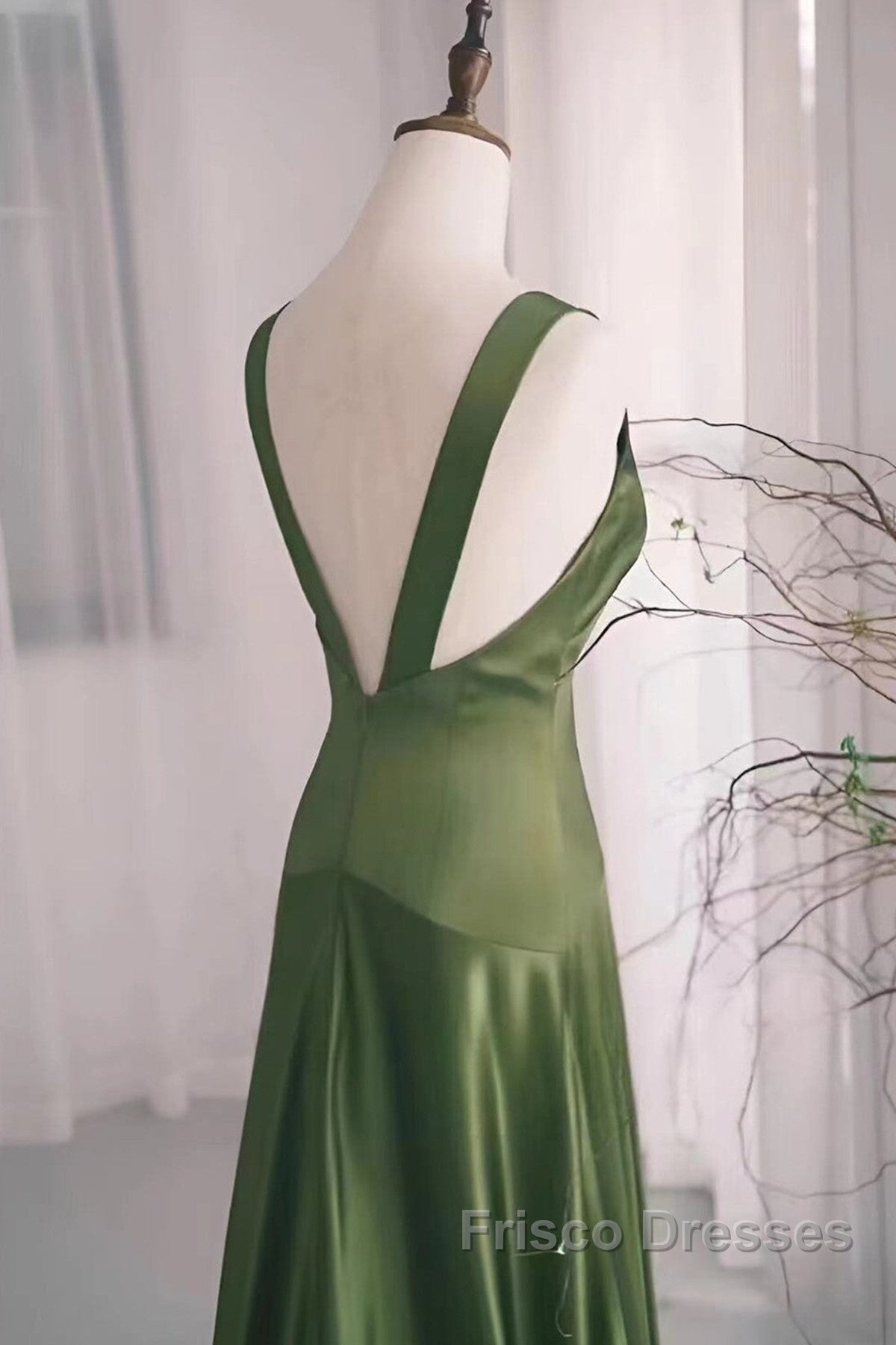 A-Line Green Satin V-Neckline Low Back Formal Prom Dress, Green Evening Dress