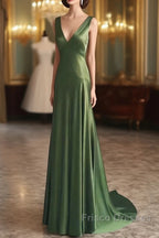 A-Line Green Satin V-Neckline Low Back Formal Prom Dress, Green Evening Dress