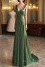 A-Line Green Satin V-Neckline Low Back Formal Prom Dress, Green Evening Dress