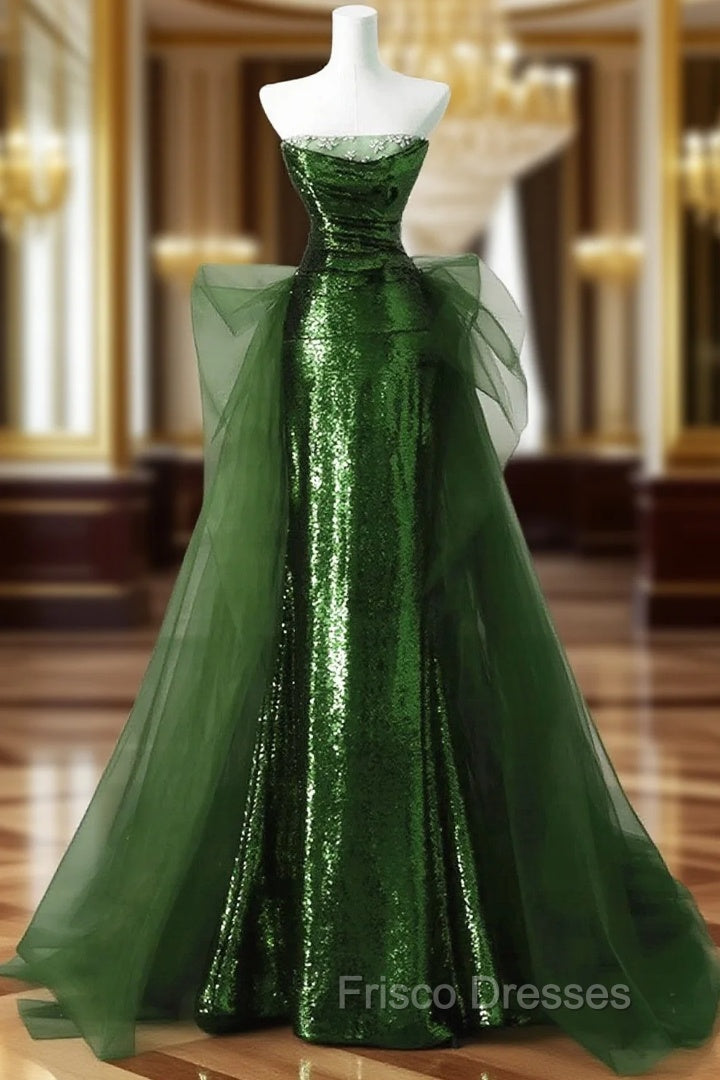 A-Line Green Sequins And Tulle Long Party Dress, Green Evening Dress Formal Dress Main image