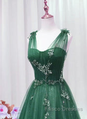 A-Line Green Sweetheart Beaded Tulle Formal Prom Dress, Green Tulle Long Evening Dress